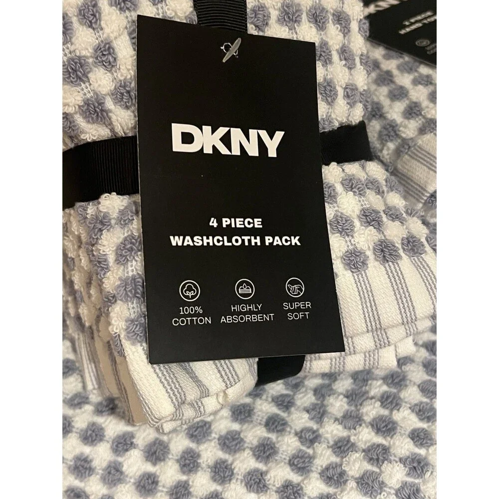 DKNY 2 Bath & 2 Hand Towels & 4 Washcloths Gingham Monet Tile Blue Check 8 Piece